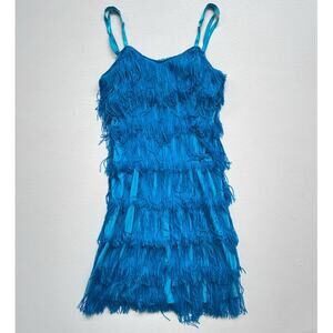 Vtg 90’s Turquoise Blue Fringe Tassel Sleeveless Dress / Sz S / Flapper Dress